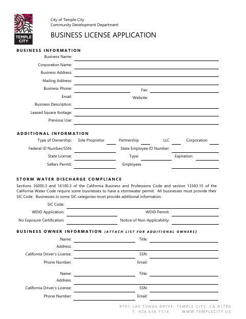 First page of the Business License Application
