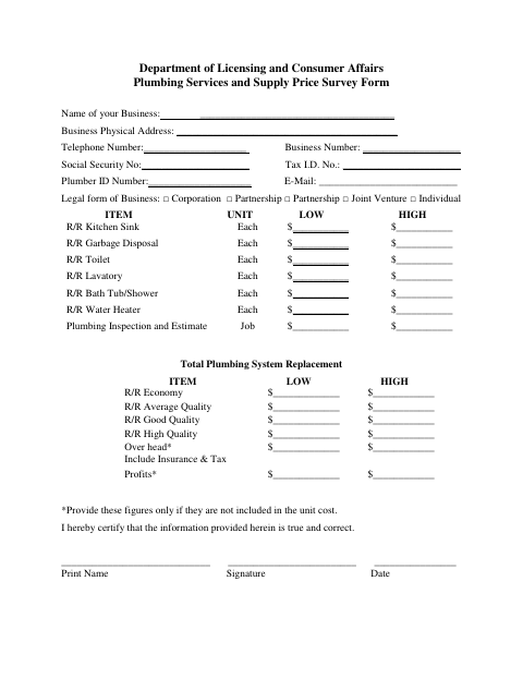 First page of the Plumbing Services and Supply Price Survey Form