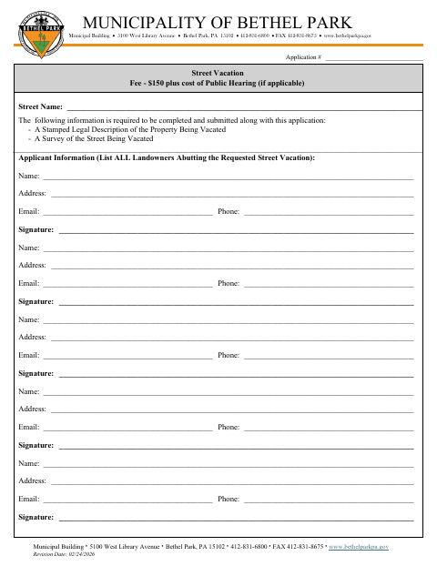 First page of the Street Vacation Application