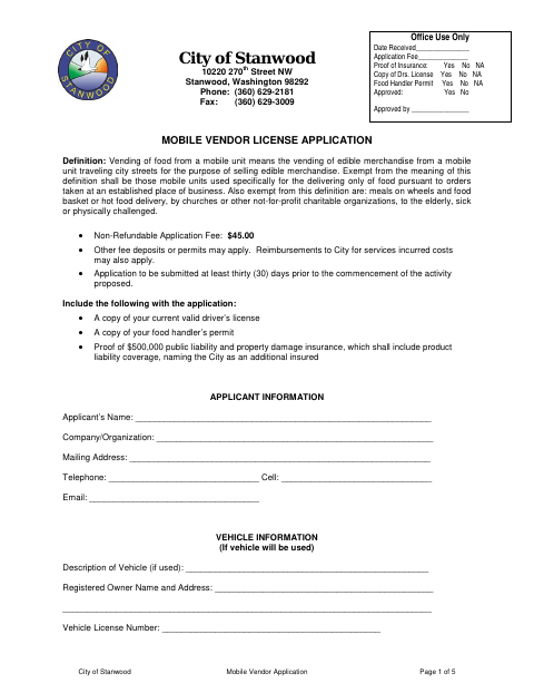 First page of the Mobile Vendor License Application