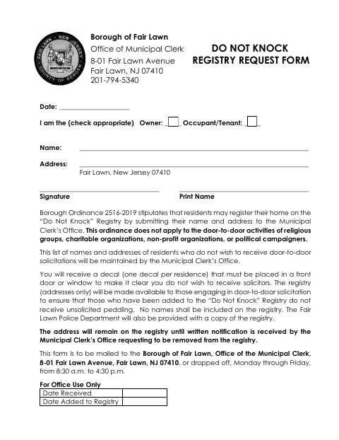 First page of the Do Not Knock Registry Request Form