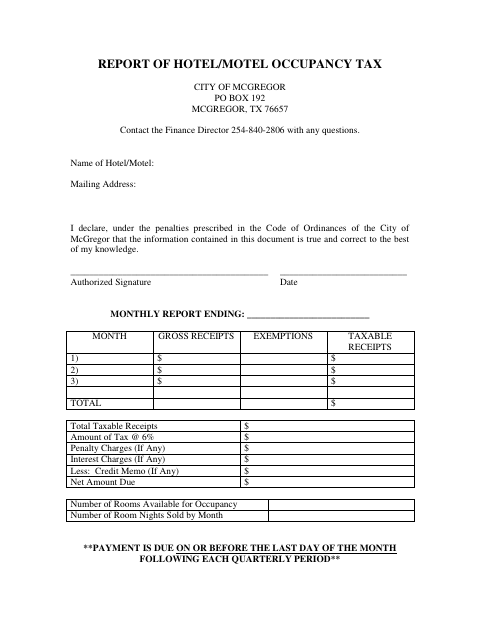 First page of the Hotel/Motel Occupancy Tax Report