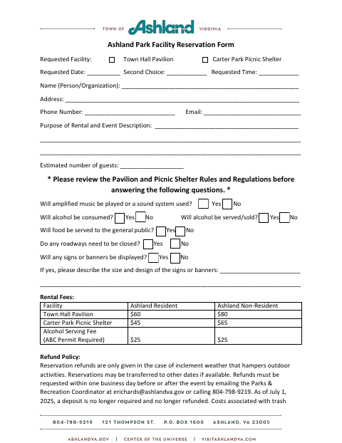First page of the Park Facility Reservation Form