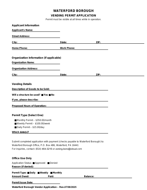 First page of the Vending Permit Application