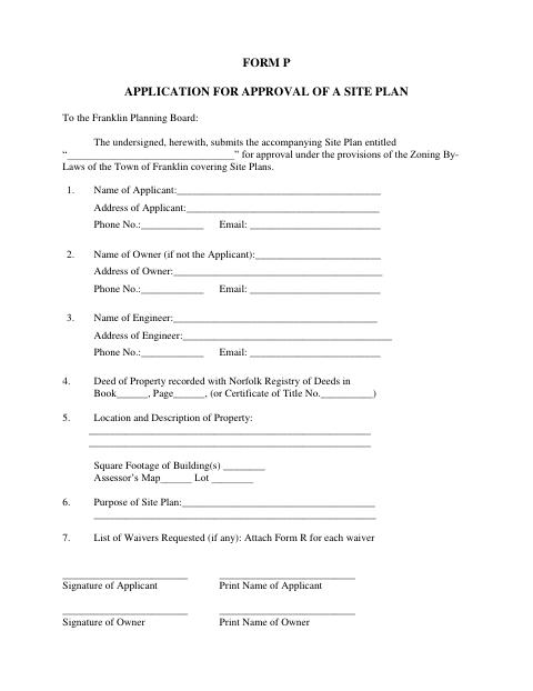 First page of the Form P Site Plan Application