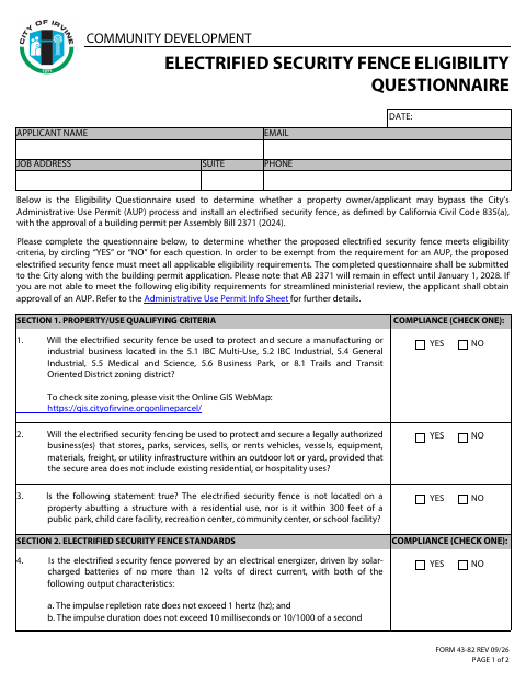 First page of the Electrified Security Fence Eligibility Questionnaire