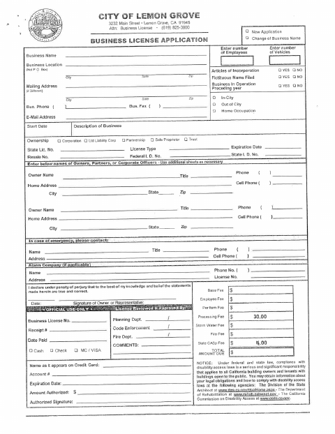 First page of the In-City Business License Application