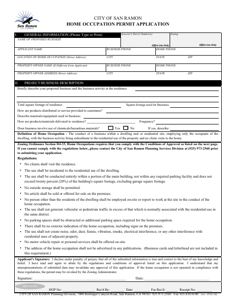 First page of the Home Occupation Permit Application
