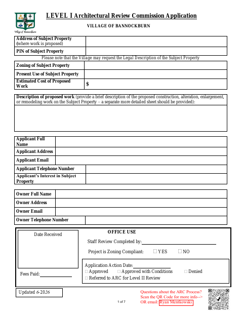 First page of the Level I Architectural Review Commission Application