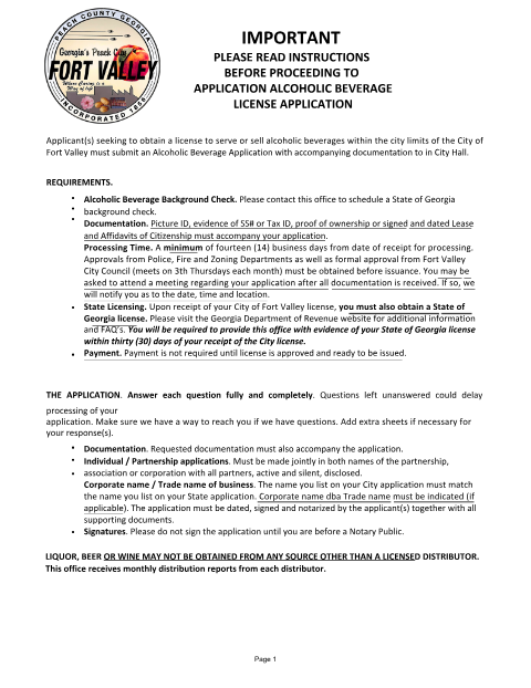 First page of the Alcoholic Beverage License Application