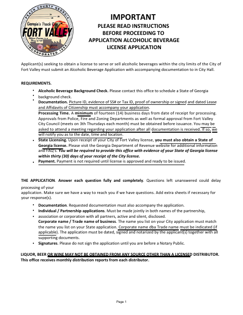 First page of the Alcoholic Beverage License Application