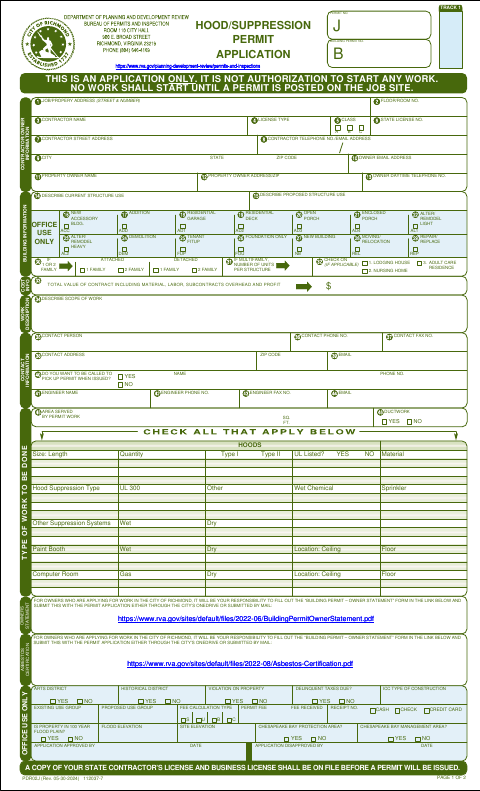 First page of the Hood/Suppression Permit Application