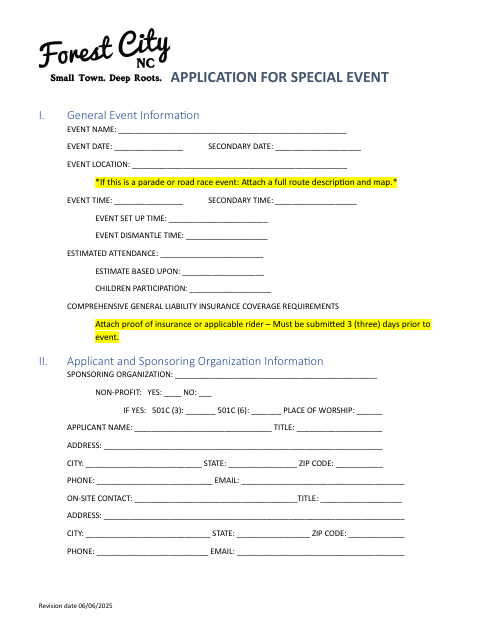 First page of the Application for Special Event