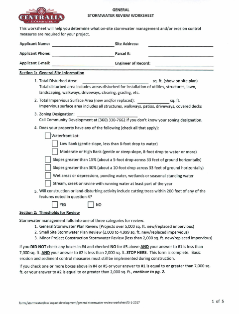 First page of the General Stormwater Review Worksheet