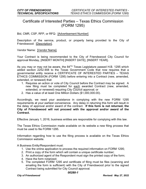 First page of the Certificate Of Interested Parties – Form 1295
