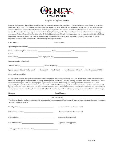 First page of the Request for Special Events
