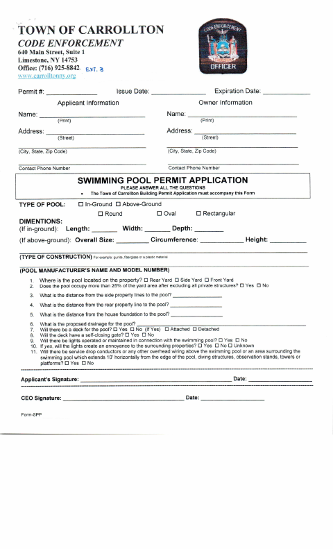 First page of the Swimming Pool Permit Application