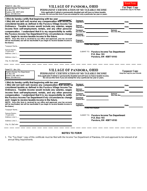 First page of the Permanent Certification of No Taxable Income