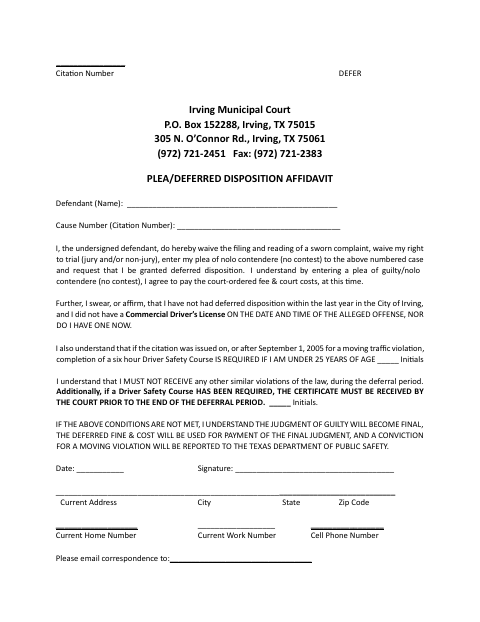First page of the Plea/Deferred Disposition Affidavit
