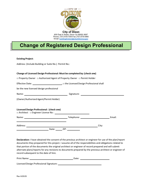 First page of the Change of Registered Design Professional
