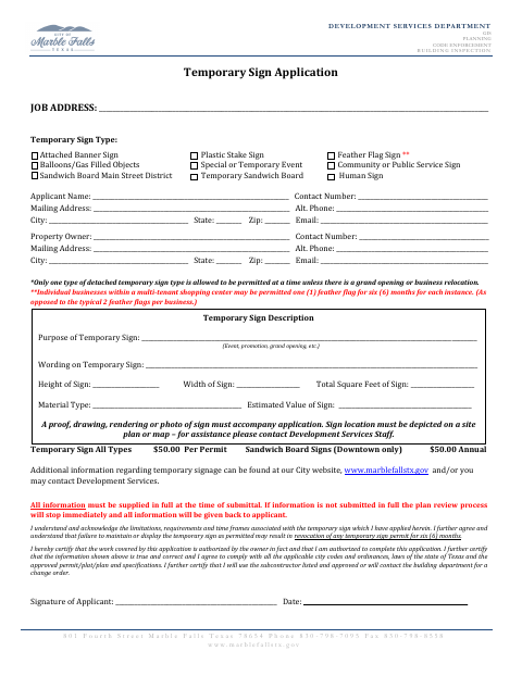 First page of the Temporary Sign Application