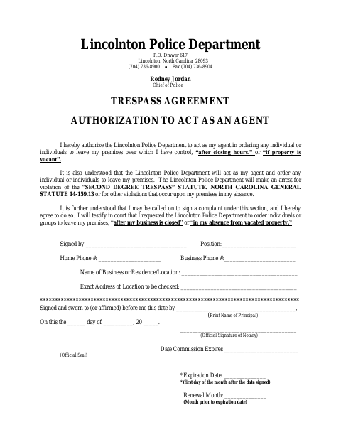 First page of the Trespass Agreement Authorization