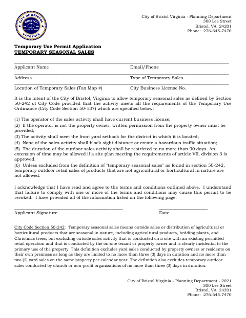 First page of the Temporary Use Permit Application for Temporary Seasonal Sales