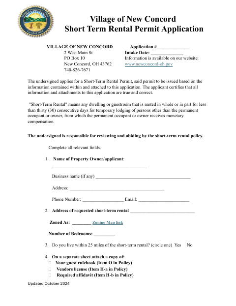 First page of the Short Term Rental Permit Application