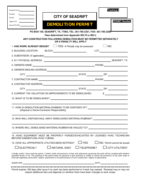 First page of the Demolition Permit
