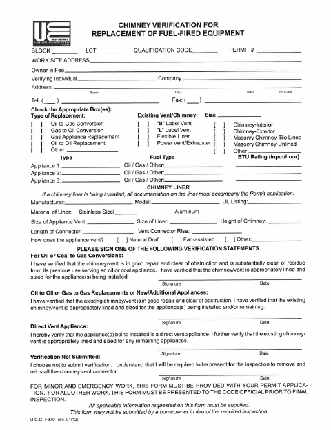 First page of the Chimney Verification for Replacement of Fuel-Fired Equipment