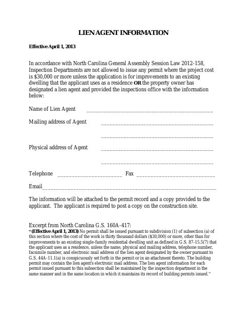 First page of the Lien Agent Information Form