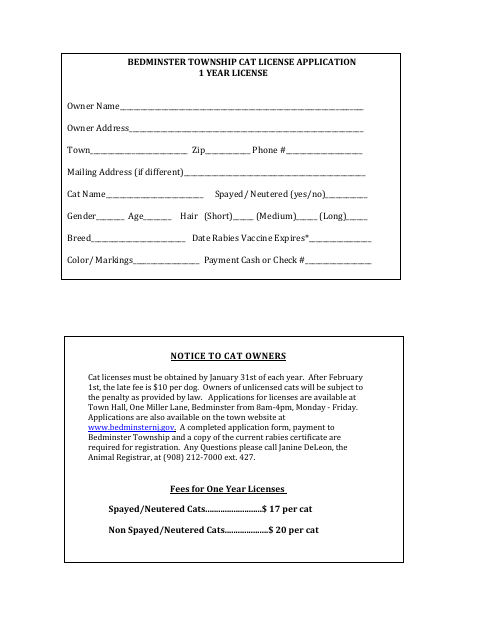 First page of the Cat License Application – One Year License