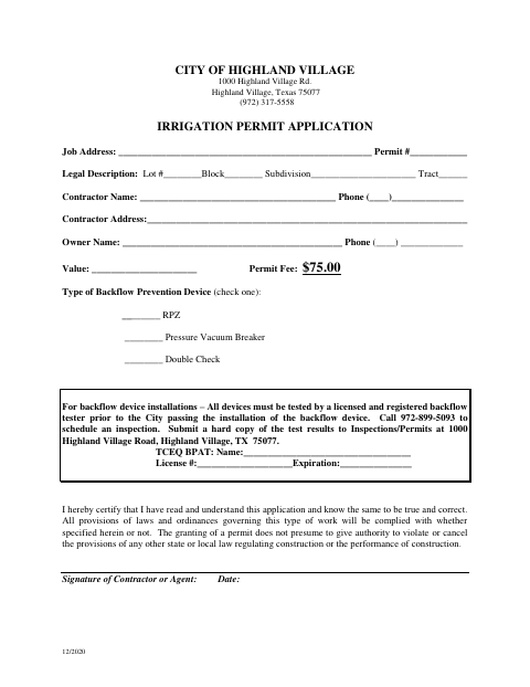 First page of the Irrigation Permit Application