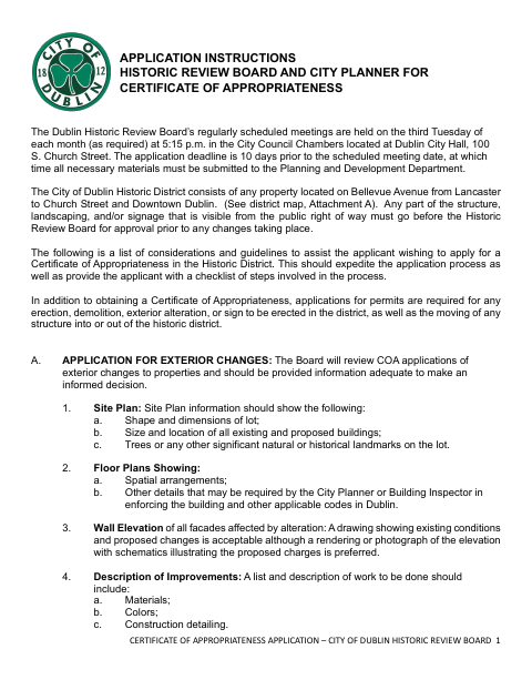 First page of the Certificate of Appropriateness Application