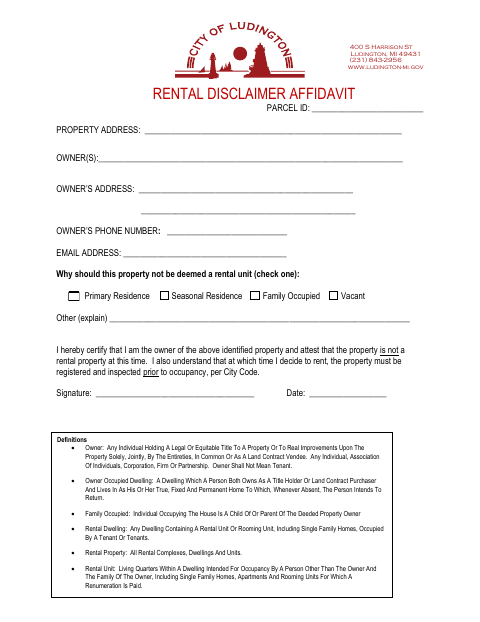 First page of the Rental Disclaimer Affidavit