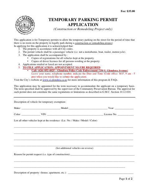 First page of the Temporary Parking Permit Application