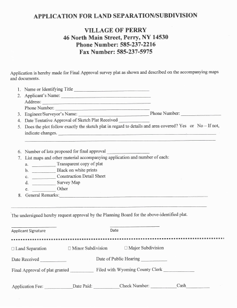 First page of the Land Separation/Subdivision Application