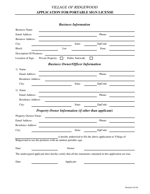 First page of the Application for Portable Sign License