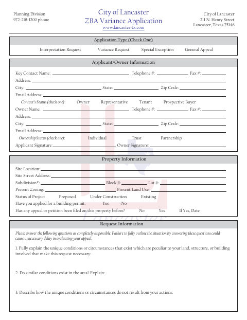 First page of the ZBA Variance Application
