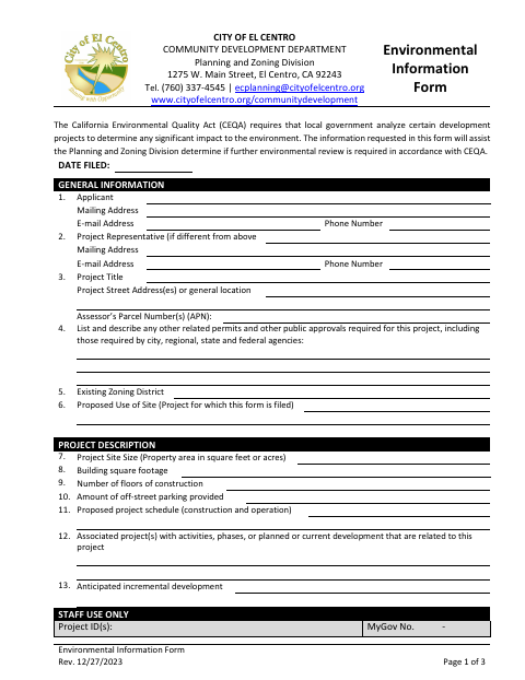 First page of the Environmental Information Form