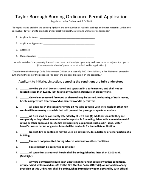 First page of the Burning Ordinance Permit Application
