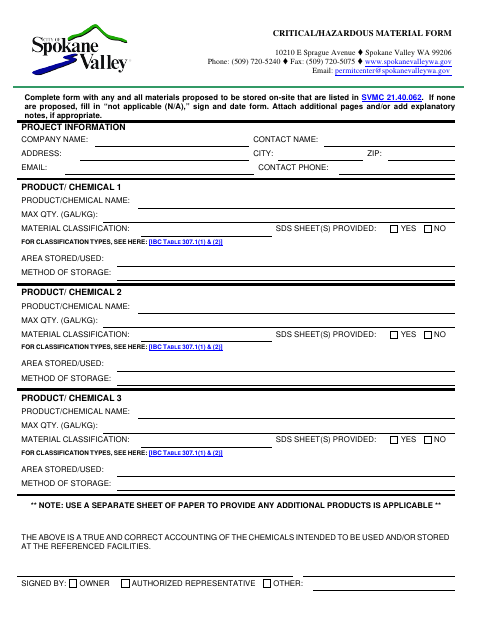 First page of the Critical/Hazardous Material Form