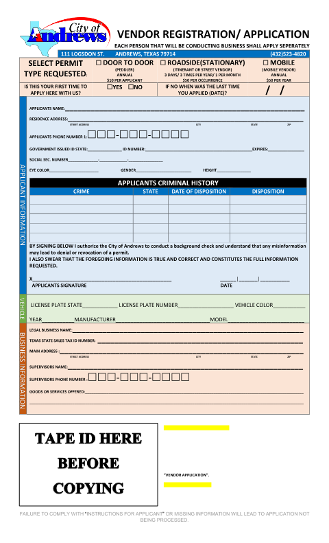 First page of the Itinerant Merchant Application