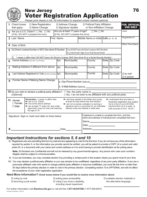 First page of the New Jersey Voter Registration Application