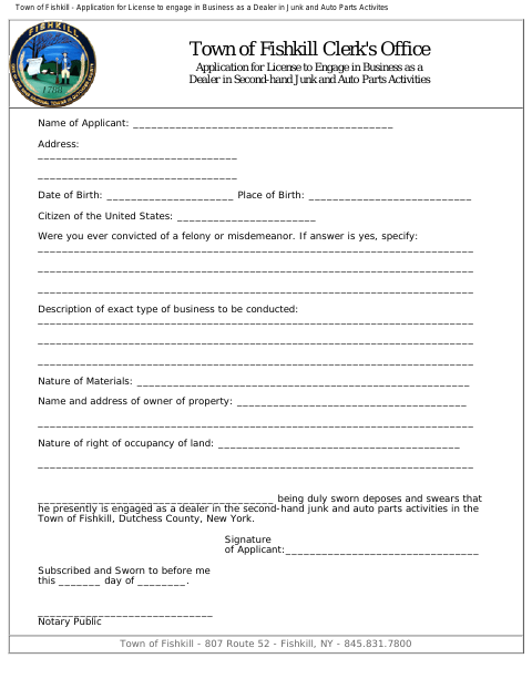 First page of the Second-Hand Junk and Auto Parts Dealer License Application
