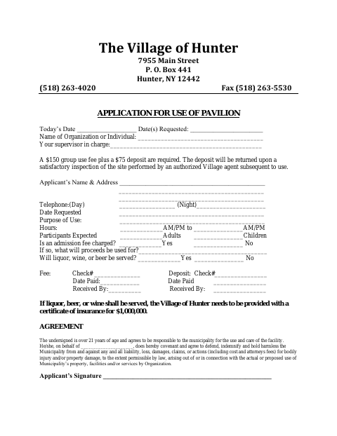 First page of the Application for Use of Pavilion