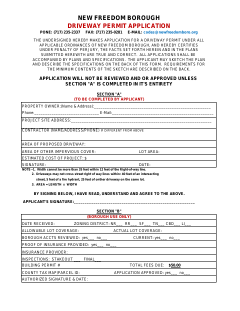 First page of the Driveway Permit Application