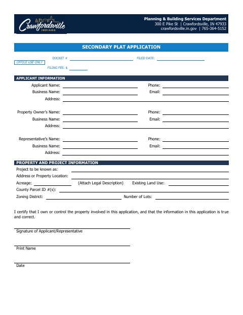 First page of the Secondary Plat Application