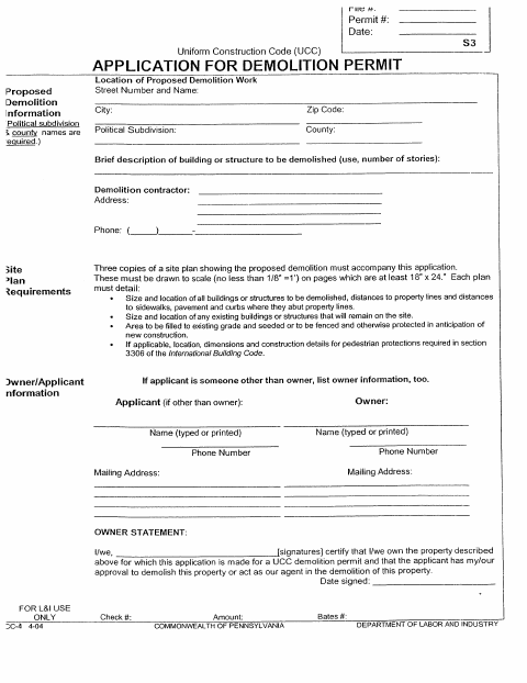 First page of the Application for Demolition Permit