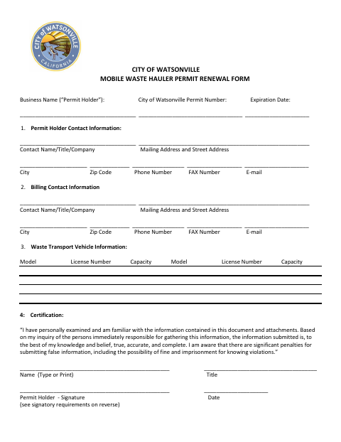 First page of the Mobile Waste Hauler Permit Renewal Form